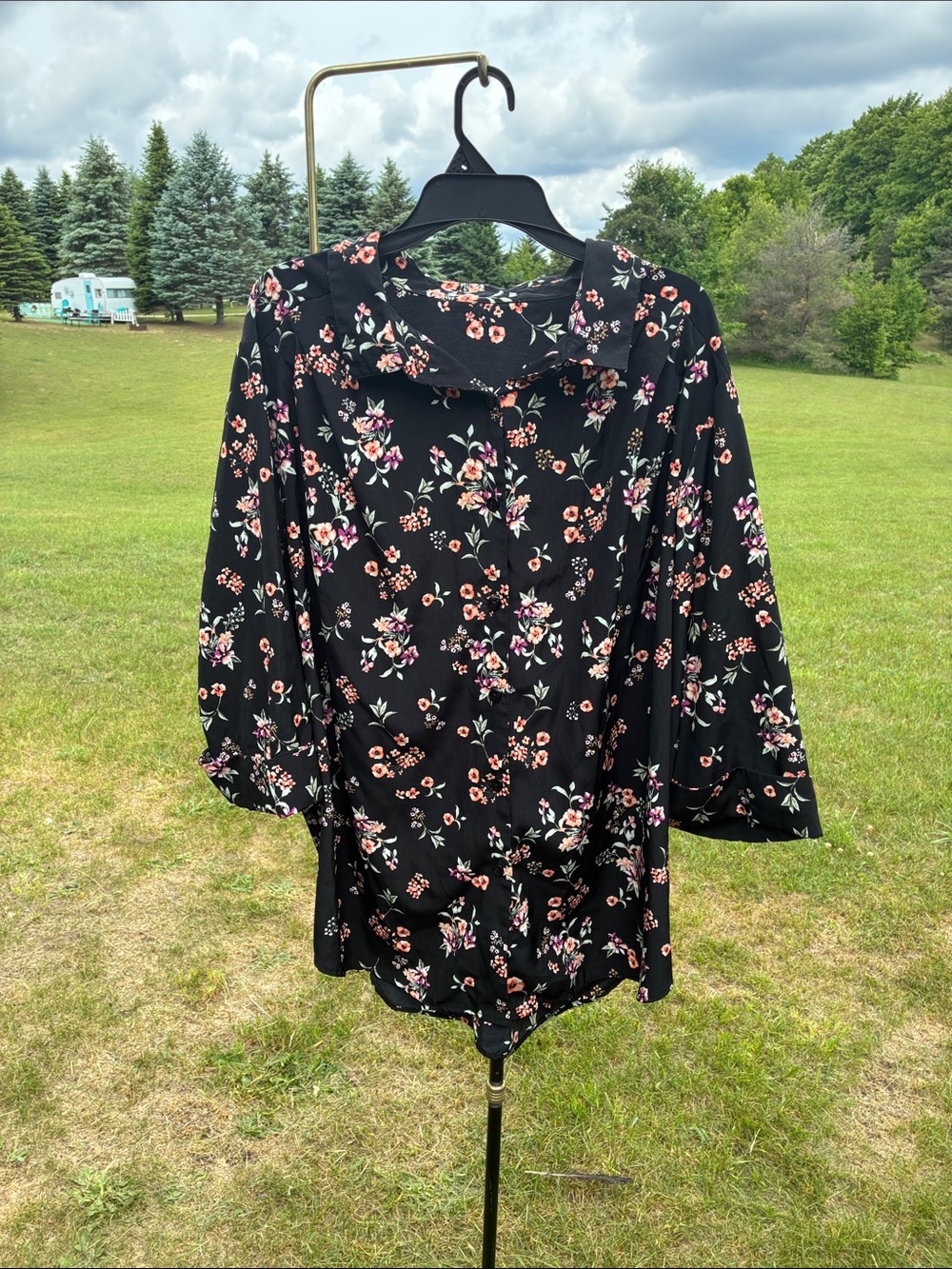 Only Necessities Black Pink Orange Floral Blouse 26/28 Size 2X FLAW